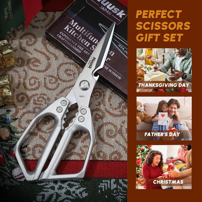 【February Faves】Huusk Kitchen Scissors All Purpose -Fallfreshness- Stainless Steel Kitchen Shears, Sharp Silver Meat Scissors, Dishwasher Safe, Poultry Shears, Japanese Cooking Scissors for Food, Chicken Bones, and Turkey, Christmas Gift!