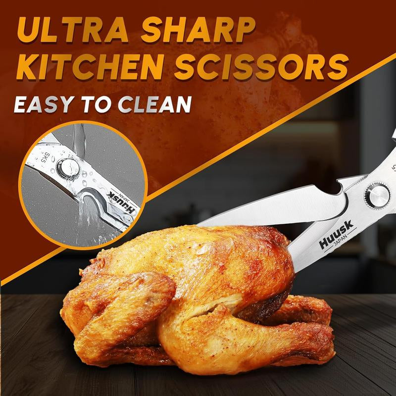 【February Faves】Huusk Kitchen Scissors All Purpose -Fallfreshness- Stainless Steel Kitchen Shears, Sharp Silver Meat Scissors, Dishwasher Safe, Poultry Shears, Japanese Cooking Scissors for Food, Chicken Bones, and Turkey, Christmas Gift!