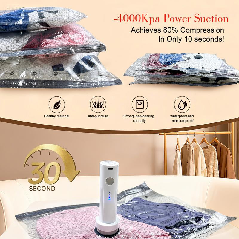 [2026 Upgraded] Cordless Travel Vacuum Bag Set - 9/15/ Pac Compression Bags for Carry-On Suitcases - USB Rechargeable Handheld Pump with Built-In Battery - Space Saver for Clothes & Packing, Zipper Pouches Durable, Lightweight Organizer Fitting Cover