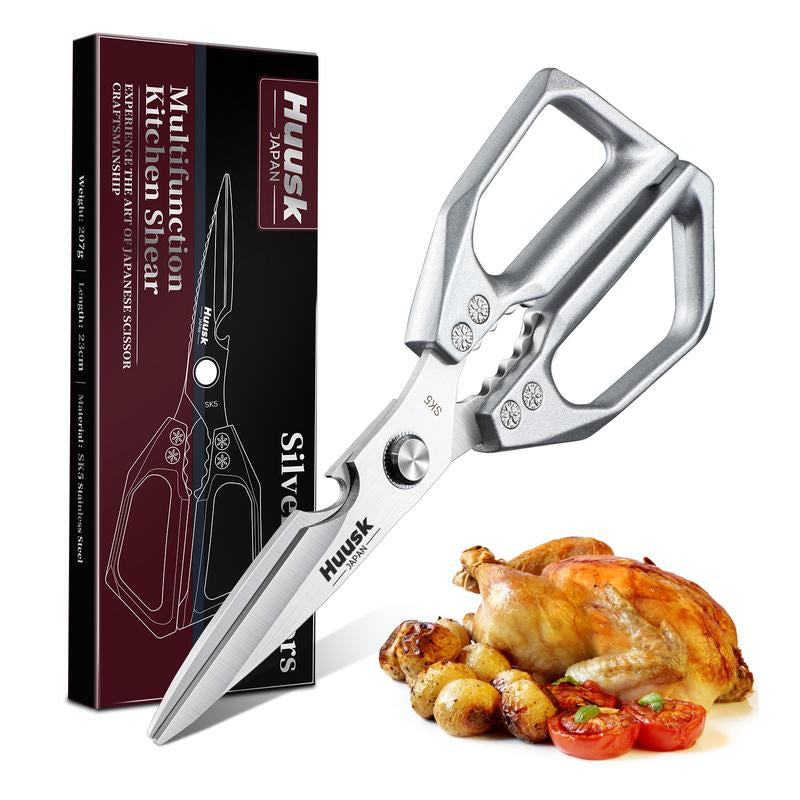 【February Faves】Huusk Kitchen Scissors All Purpose -Fallfreshness- Stainless Steel Kitchen Shears, Sharp Silver Meat Scissors, Dishwasher Safe, Poultry Shears, Japanese Cooking Scissors for Food, Chicken Bones, and Turkey, Christmas Gift!