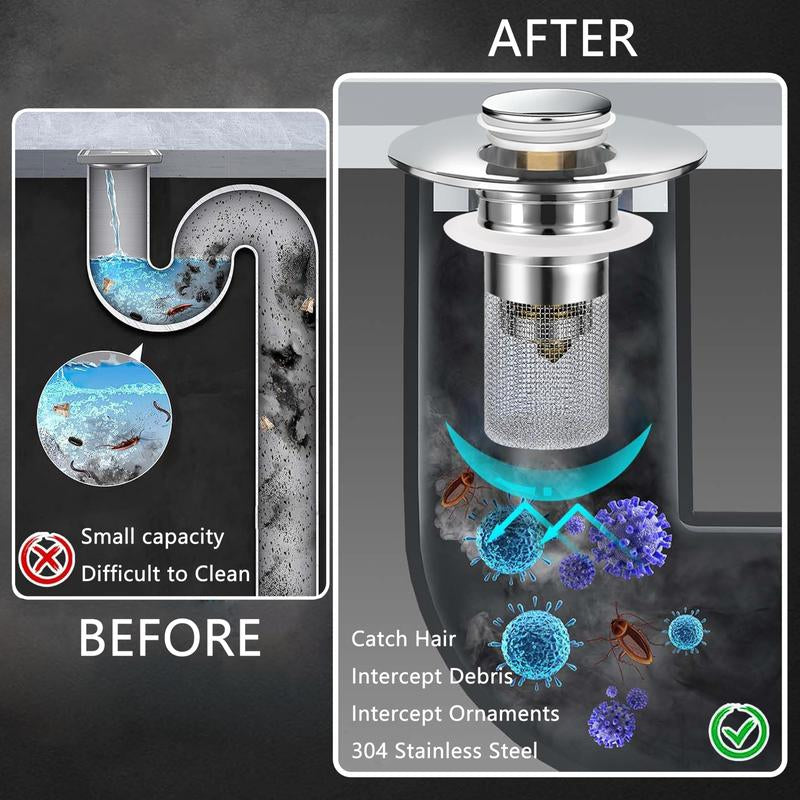 Bathroom Sink Drain Strainer, Pop up Sink Drain Strain, Bathroom Sink Stopper with Removable Stainless Steel, Filter Basket Hair Catcher Hair Catcher